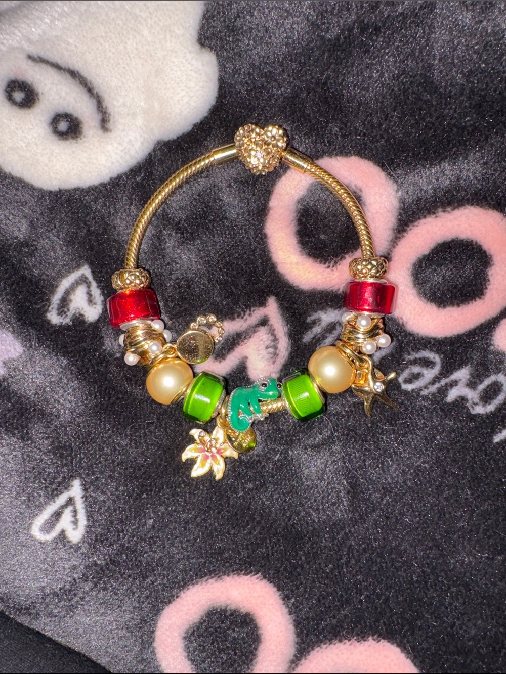Pandora Gold-Tone Bracelet with Red Glass Charms